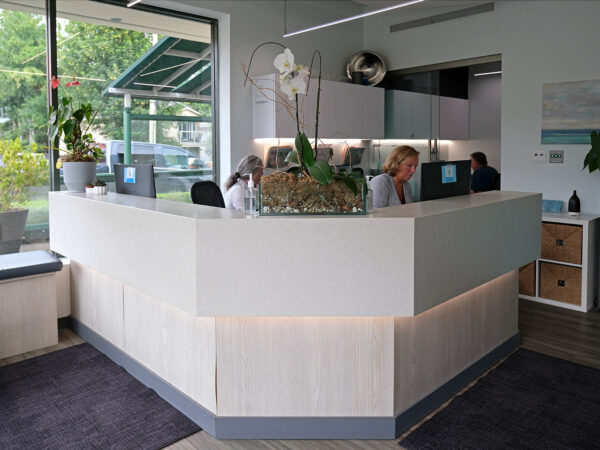 A welcoming dental office reception area featuring a modern desk, potted plants, and staff members attending to clients. Natural light fills the space through large windows, creating a friendly atmosphere.