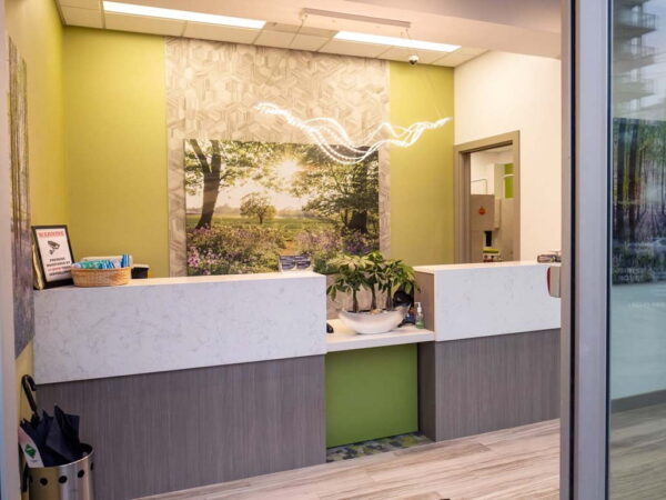 A modern reception area featuring a light-colored countertop, green accent wall, and a nature-themed mural depicting trees and a serene landscape. The space is well-lit and organized, with plants and other decor enhancing its welcoming atmosphere.