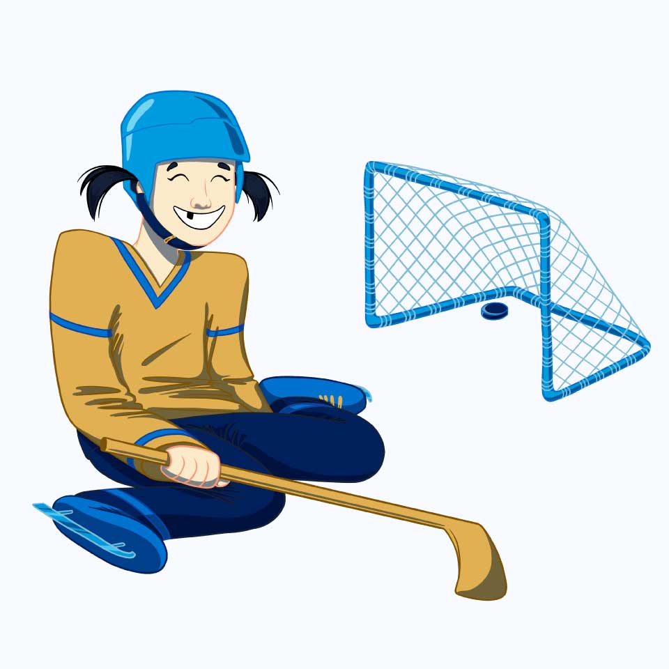 A cheerful girl in a blue helmet and jersey sits on the ground with a hockey stick, smiling as she plays near a hockey net. The scene conveys joy and enthusiasm for the sport.