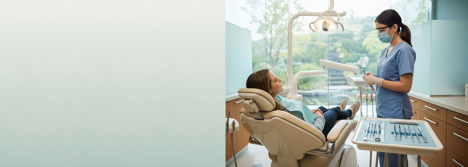 A dentist near you attends to a patient in a modern dental office, equipped with a comfortable chair and various dental instruments, in a bright and calming environment.