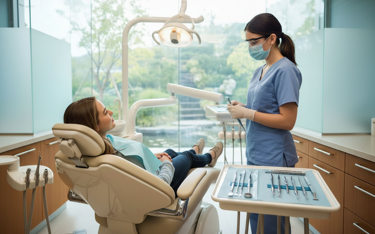 A dentist near you examines a patient in a modern dental office with large windows and dental tools ready on a tray.