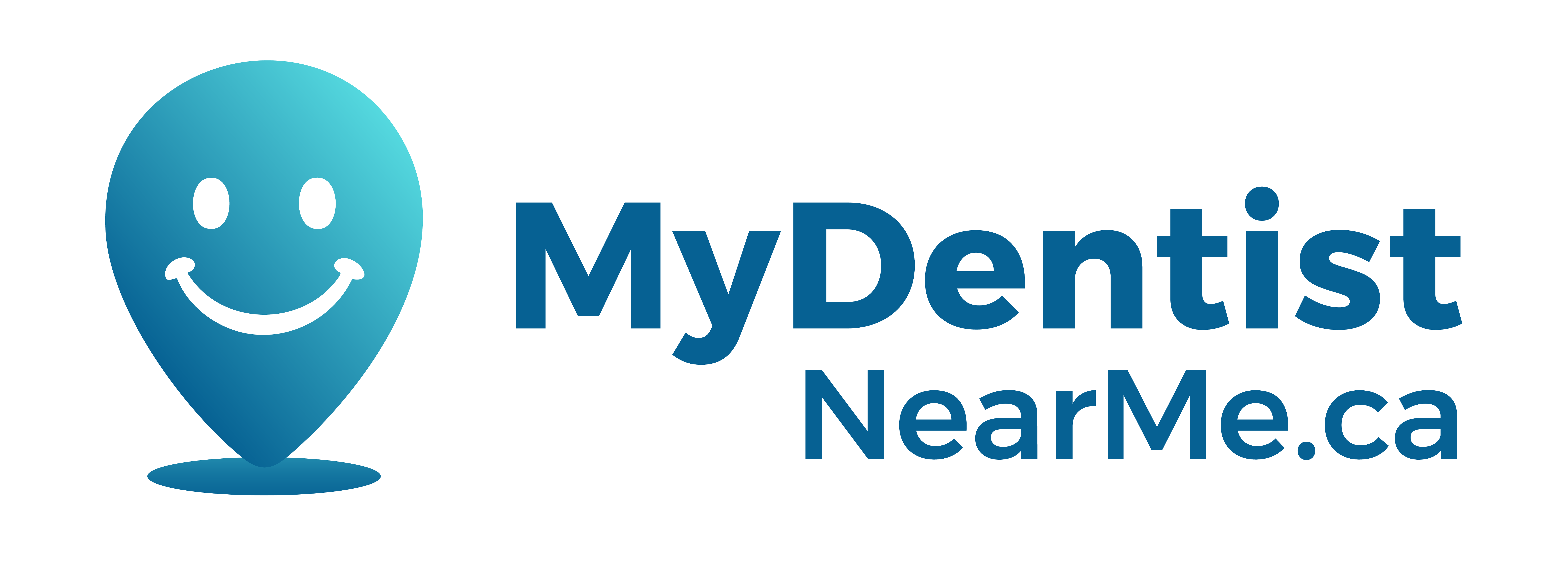 Smiling map pin logo with the text MyDentistNearMe.ca, highlighting the service to find a dentist near you.